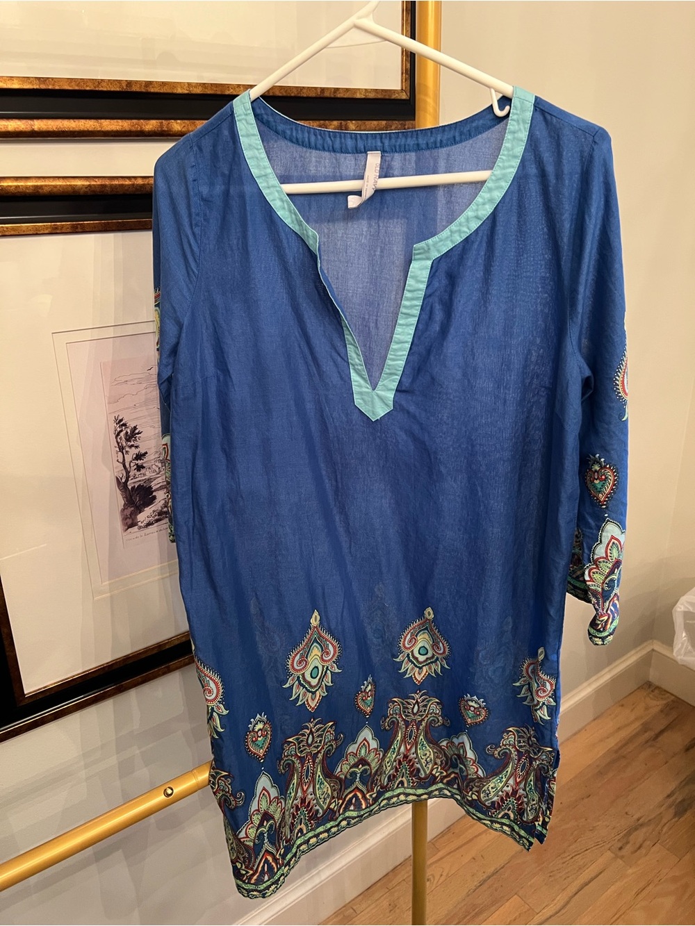 Old Navy Blue Tunic with Aqua Trim and Paisley Border